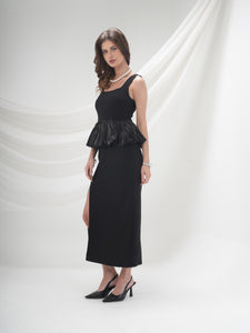 Victoria - Black Peplum Slit Dress
