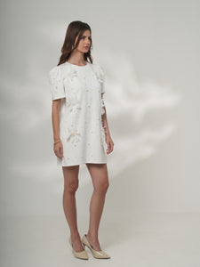 Selene - White Mini Dress with Pearls and Floral Appliqué