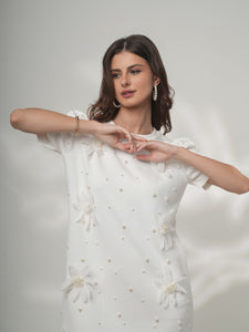 Selene - White Mini Dress with Pearls and Floral Appliqué