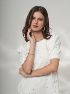 Selene - White Mini Dress with Pearls and Floral Appliqué